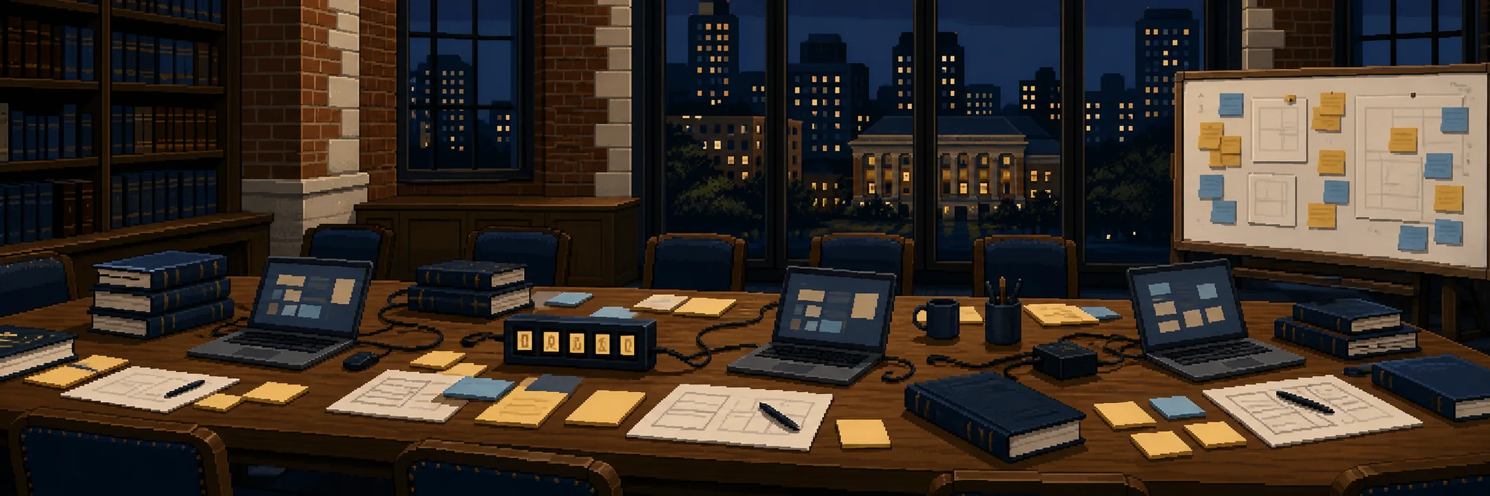 A legal-technology workshop with laptops, legal pads and Boston outside at night.