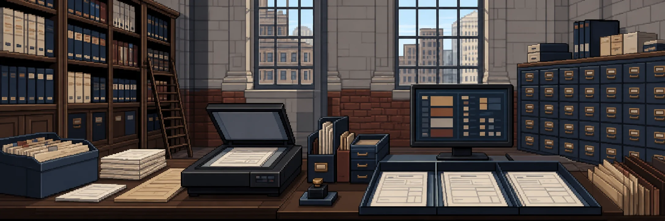 A courthouse records room with a document scanner, filing cabinets and digital case records.